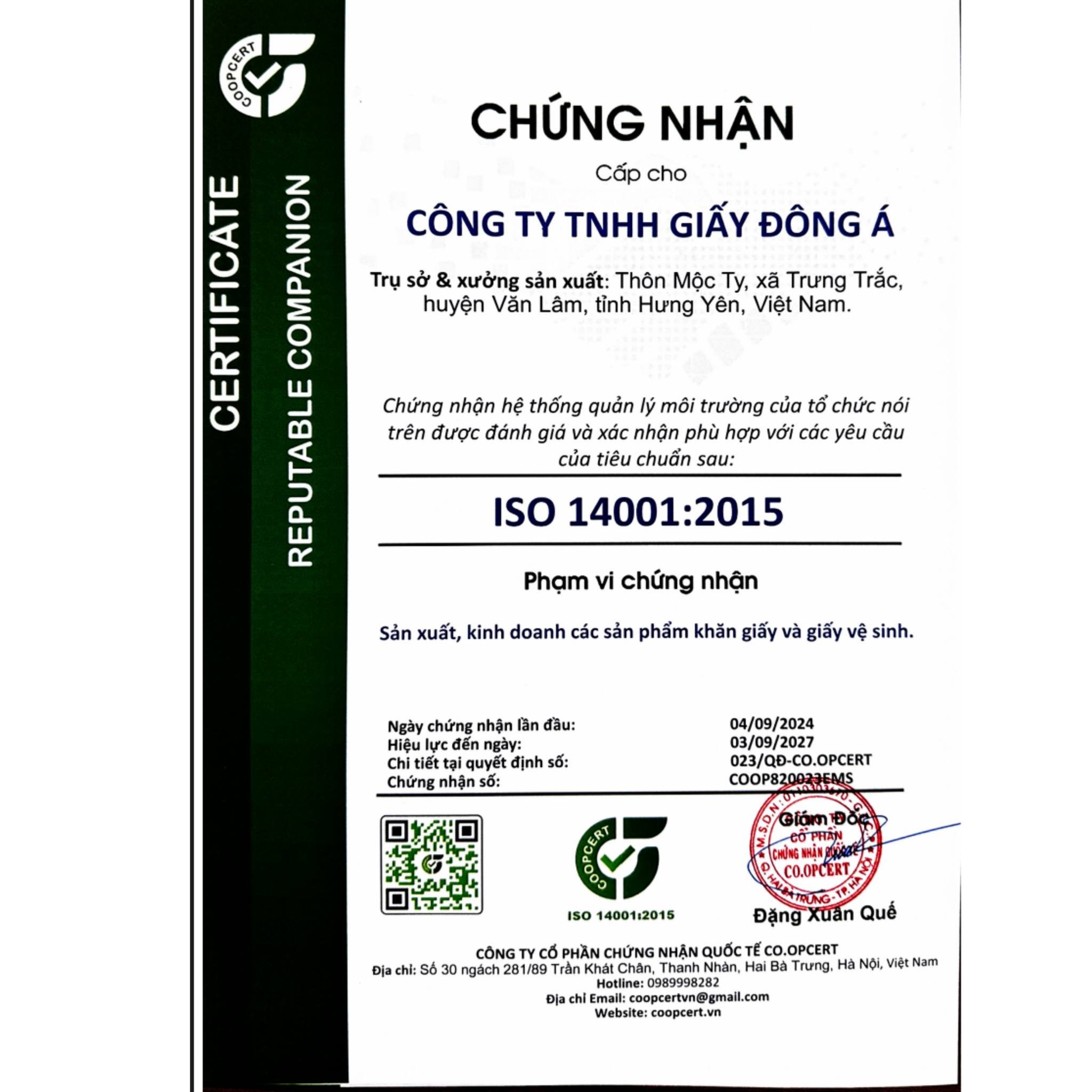 Chứng chỉ ISO 14001:2015 Công ty TNHH Giấy Đông Á