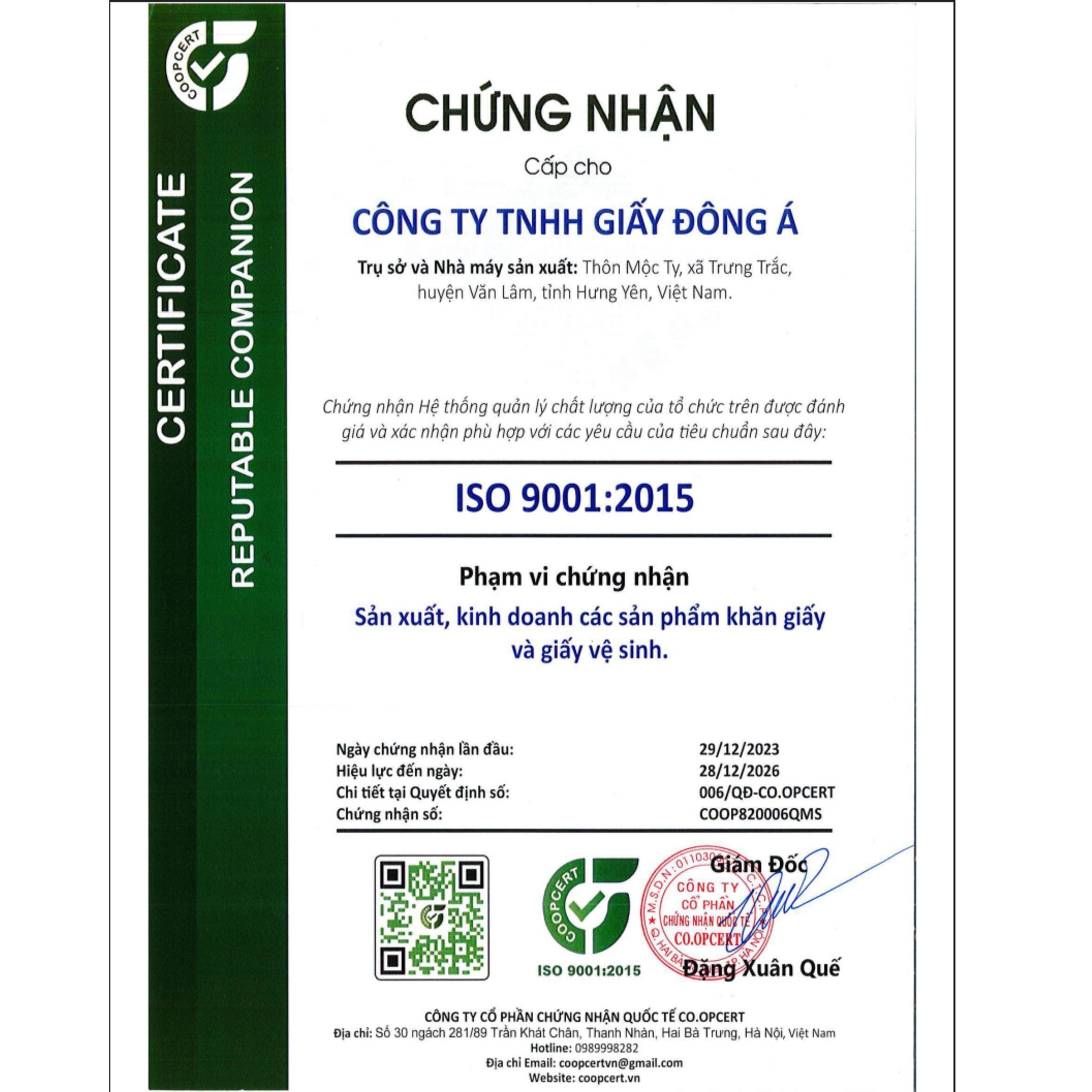 Chứng chỉ ISO 9001:2015 Công ty TNHH Giấy Đông Á