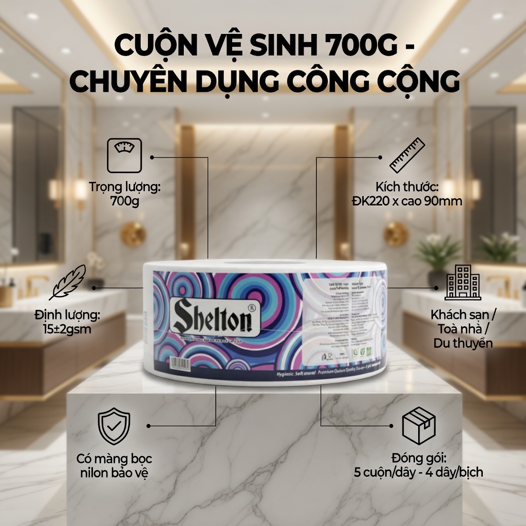 Cuộn giấy vệ sinh công nghiệp 700g Shelton - dùng cho khách sạn và du thuyền Hạ Long