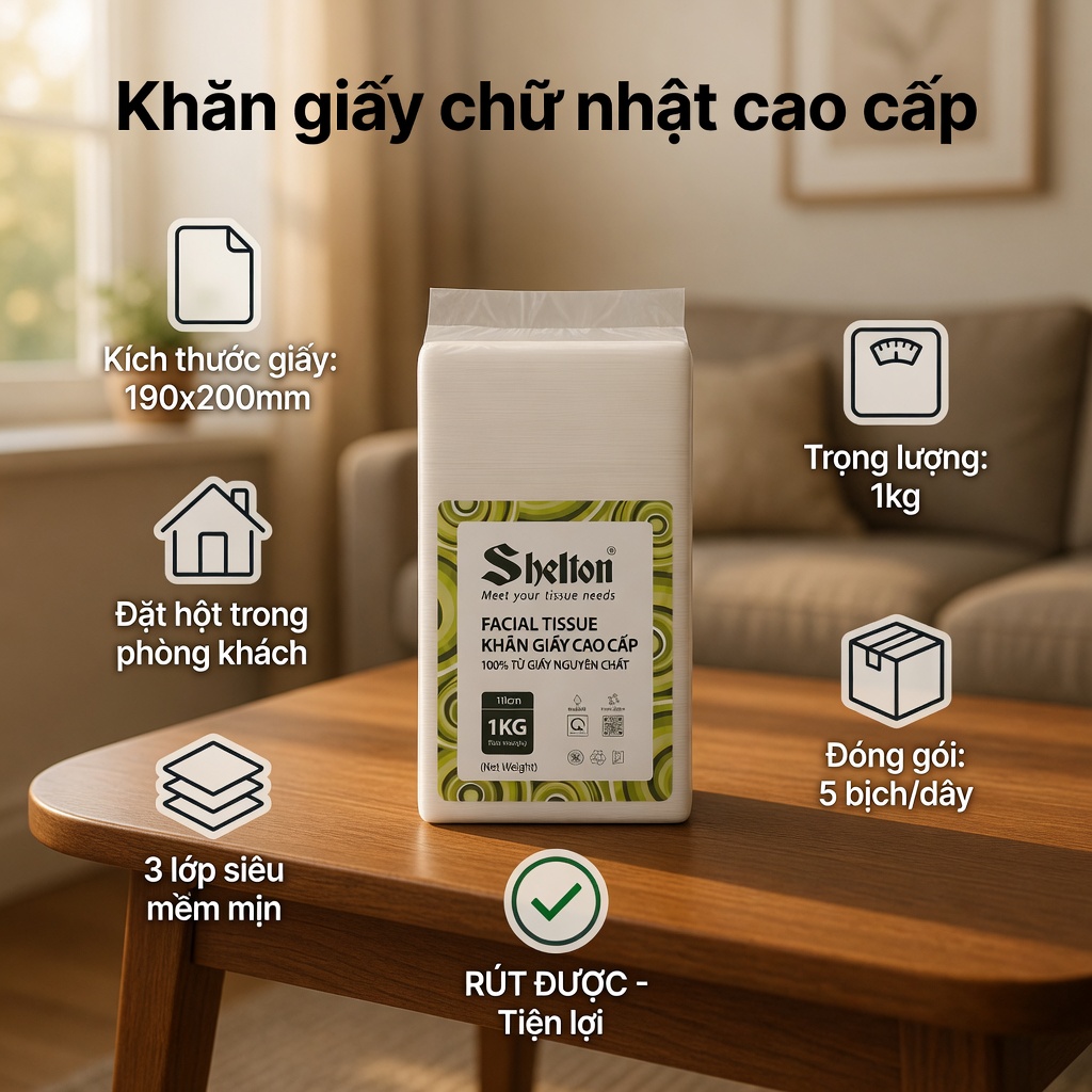 Giấy ăn rút 3 lớp Shelton - sản phẩm giấy ăn cao cấp cho phòng khách